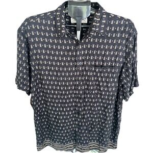Vintage Imprints Men's Large Rayon Button Up Shirt Black All Over Design